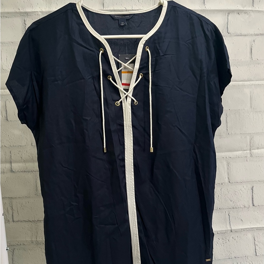 Tommy Hilfiger Navy Top with Cream Lace-Up